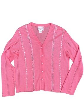 Vintage April Cornell Pink Cardigan Size L Pointelle Ribbon Button Up Sweater